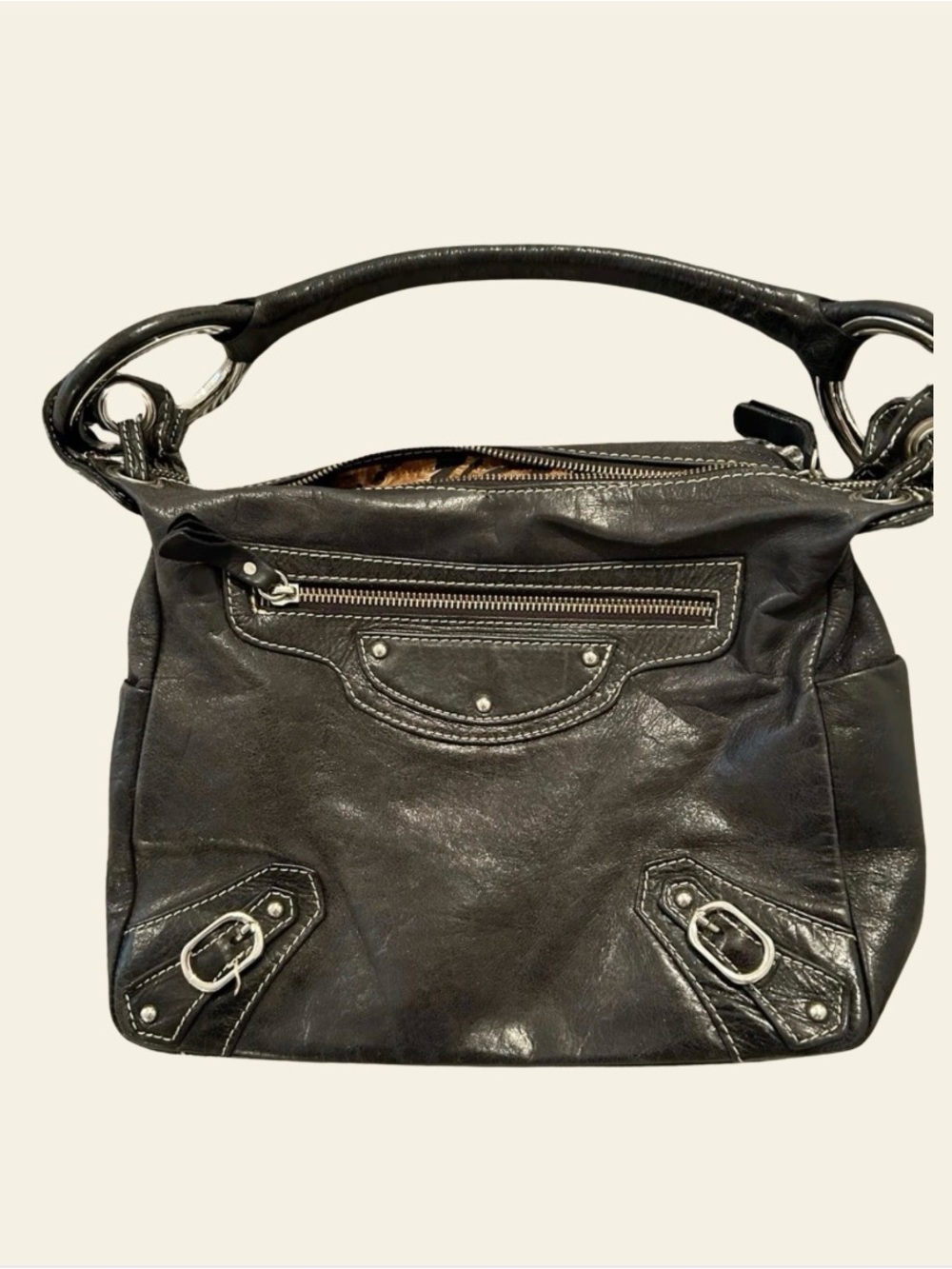 Black Leather Shoulder Bag with Silver Hardware